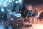  1girl animal_ears bow braid cat_ears cat_tail extra_ears fire hair_bow highres kaenbyou_rin leaning_forward leg_ribbon multiple_tails open_mouth orita_enpitsu pointy_ears red_eyes redhead skeleton skull smile snowflakes solo tail touhou twin_braids wheelbarrow 