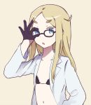  1girl adjusting_glasses akku_lude black_bra black_gloves blonde_hair blue_eyes bra glasses gloves labcoat long_hair natasha_(sekai_seifuku) navel open_clothes open_mouth open_shirt sekai_seifuku:_bouryaku_no_zvezda simple_background solo underwear 