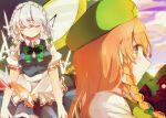  2girls apron bat bow braid chain clock clock_tower closed_eyes clouds cup expressionless green_eyes hair_bow hat hong_meiling izayoi_sakuya knife long_hair maid_headdress mountain multiple_girls pocket_watch profile puffy_short_sleeves puffy_sleeves purple_sky redhead rya_(aptkz_11) scarlet_devil_mansion short_hair short_sleeves silver_hair skirt skirt_set spilling split_screen star sunset touhou tower twin_braids waist_apron watch wine_glass 