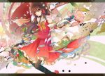  1girl ascot black_legwear bow brown_hair detached_sleeves flower hair_bow hair_tubes hakurei_reimu kazu_(muchuukai) letterboxed long_hair ribbon smile solo touhou yellow_eyes 