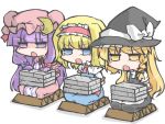  3girls alice_margatroid black_dress blonde_hair blue_dress blue_eyes bow braid chibi crescent dress hair_ribbon hairband hat hat_bow kirisame_marisa kureha_mitsushige lolita_hairband long_hair multiple_girls open_clothes open_coat open_mouth patchouli_knowledge purple_dress purple_hair ribbon short_sleeves simple_background single_braid striped striped_dress tied_up touhou tress_ribbon very_long_hair violet_eyes weights white_background witch_hat yellow_eyes 