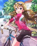  1girl :d aqua_eyes bicycle bike_jersey bike_shorts blush brown_hair fingerless_gloves glasses gloves idolmaster idolmaster_million_live! kousaka_umi lens_flare long_hair looking_at_viewer musical_note official_art open_mouth shorts smile sunglasses sunglasses_on_head 