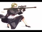  1girl anti-materiel_rifle barrett_m82 blonde_hair bullpup formal glasses gloves gun jcm2 long_hair muzzle_brake name original rifle scope shell_casing shoes skirt sniper_rifle solo suit_jacket weapon 