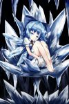  1girl barefoot bloomers blue_eyes blue_hair bow cirno cocozasa dress hair_bow ice open_mouth short_hair snowflakes solo touhou underwear wings 