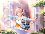  1girl brown_hair curtains leaning_forward long_hair long_sleeves looking_at_viewer miniskirt nitroplus open_mouth outstretched_arms pink_eyes room skirt smile solo spread_arms sunlight super_sonico tank_top tree_branch ume_(plumblossom) vest window 