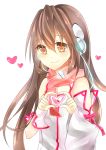  1girl blush brown_eyes brown_hair detached_sleeves headphones heart heart_hands kokone_(vocaloid) long_hair mismatched_sleeves oishiipuddii scarf smile solo vocaloid 