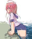  1girl dd_(ijigendd) i-58_(kantai_collection) kantai_collection partially_submerged pink_hair poolside red_eyes school_swimsuit school_uniform short_hair solo swimsuit swimsuit_under_clothes water 