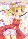  1girl bat_wings blonde_hair bloomers bow flandre_scarlet flower harukaruha hat highres navel open_mouth red_eyes short_hair side_ponytail solo touhou underwear vertical_stripes wings 