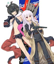  2girls antenna_hair bangs bare_shoulders belt black_hair blunt_bangs blush bow buckle cosplay costume_switch crossover frills fur_trim gauntlets gloves green_eyes gun hoshimiya_kate kino kino_(cosplay) kino_no_tabi long_coat long_hair long_sleeves mask midriff multiple_girls navel pants red_eyes sekai_seifuku:_bouryaku_no_zvezda short_hair silver_hair smile star sweatdrop tsuyadashi_shuuji venera-sama venera-sama_(cosplay) very_long_hair weapon 