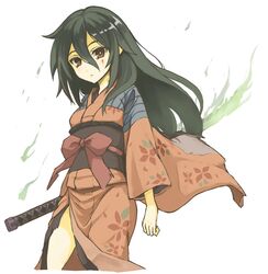  1girl black_hair blood blood_on_face brown_eyes fire green_fire hair_between_eyes ichi_hachi_rei_rei japanese_clothes katana kimono long_hair looking_at_viewer original patches simple_background sword torn_clothes weapon white_background 