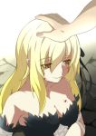  1girl bandages bare_shoulders blonde_hair blood blood_on_breasts blood_on_face breasts cleavage fang flanvia hair_ribbon highres kissshot_acerolaorion_heartunderblade long_hair monogatari_(series) ribbon solo_focus yellow_eyes 