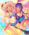  2girls bangs bare_legs beach beach_umbrella bikini blonde_hair blue_eyes blue_hair blush bracelet braid breasts character_request cleavage flower hairpods hat hat_flower hibiscus innertube jewelry kneeling long_hair mckeee multiple_girls off_shoulder one-piece_tan sandals shingeki_no_bahamut shiny shiny_skin single_braid sitting small_breasts staff sun_hat sunglasses sunglasses_on_head swimsuit tan tanline toes vertical_stripes wariza wet wet_clothes yellow_eyes 