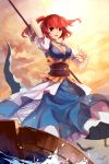  1girl arm_up belt bird blue_dress boat breasts cleavage coin crow dress highres large_breasts layered_dress looking_at_viewer onozuka_komachi open_mouth puffy_sleeves red_eyes redhead sash scythe short_sleeves solo sunset swd3e2 touhou two_side_up water white_dress 