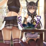  2girls bare_shoulders bird black_hair breasts elbow_gloves fang food gloves hair_ornament hairband headgear highres kabocha kantai_collection long_hair multiple_girls mutsu_(kantai_collection) nagato_(kantai_collection) open_mouth panties pantyshot penguin personification spoon thighhighs translation_request underwear 
