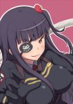  1girl black_hair eyepatch long_hair negija red_eyes sekai_seifuku:_bouryaku_no_zvezda shikabane_itsuka smile solo sword weapon 