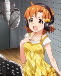  1girl ahoge artist_request brown_hair character_name hair_ornament hand_on_own_chest headphones heart idolmaster idolmaster_million_live! microphone official_art open_mouth recording_studio solo sweat yabuki_kana yellow_eyes 