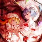  2girls arm_rest bat_wings blonde_hair blue_hair expressionless eye_contact flandre_scarlet gears looking_at_another lowres mob_cap multiple_girls open_hands outstretched_arms reclining red_eyes remilia_scarlet siblings sisters smile touhou ty-papapa wings wrist_cuffs 