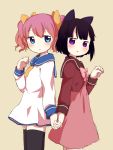  2girls :&lt; animal_ears black_hair blue_eyes borrowed_character bow cat_ears daidouji_saya dress hair_bow highres holding_hands jitome manaita_petako muku-coffee multiple_girls original paw_pose pink_hair sailor_dress short_hair simple_background thighhighs twintails violet_eyes 