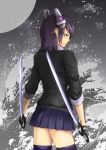  1girl din_(raiden) dual_wielding gloves headgear kantai_collection looking_at_viewer looking_back personification purple_hair short_hair solo sword tenryuu_(kantai_collection) thighhighs water weapon yellow_eyes 