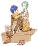  aqua_hair arisato_minato blue_hair boots braid cardigan couple hetero jacket kneeling long_hair persona persona_3 persona_4:_the_ultimate_in_mayonaka_arena scarf short_hair sitting sutei_(giru) turtleneck yamagishi_fuuka yuuki_makoto 