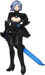  1girl blue_eyes bodysuit breasts cleavage cleavage_cutout facial_tattoo glowing glowing_sword glowing_weapon hand_on_hip highres original personification playstation_4 puroburebu-dan short_hair silver_hair smile solo sony sword tattoo weapon 
