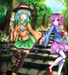  2girls ^_^ black_legwear blush closed_eyes eyeball flower forest green_hair hairband hat hat_ribbon heart heart_of_string highres komeiji_koishi komeiji_satori long_sleeves multiple_girls nature open_mouth pink_rose purple_hair red_rose ribbon road rose short_hair siblings sisters skirt smile stairs stone_lantern thighhighs third_eye touhou tree violet_eyes vivian_(lancerhd) white_legwear wide_sleeves 