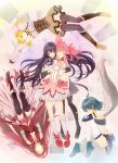  5girls akemi_homura bare_shoulders black_hair black_legwear blonde_hair blue_hair bubble_skirt cape closed_eyes corset drill_hair fingerless_gloves gloves hair_ornament hairband highres hug kaname_madoka kneehighs long_hair magical_girl mahou_shoujo_madoka_magica miki_sayaka multiple_girls pantyhose pink_hair ponytail redhead sakura_kyouko shoes short_hair short_twintails socks str-natural striped striped_legwear thighhighs tomoe_mami twintails upside-down vertical-striped_legwear vertical_stripes violet_eyes white_legwear zettai_ryouiki 