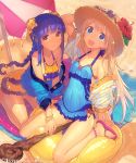  2girls bangs bare_legs beach beach_umbrella blonde_hair blue_eyes blue_hair blush bracelet character_request flower hairpods hat hat_flower hibiscus jewelry mckeee multiple_girls off_shoulder one-piece_swimsuit sandals shiny shiny_skin small_breasts sun_hat sunglasses sunglasses_on_head swimsuit toes vertical_stripes yellow_eyes 