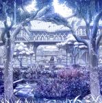  1girl blue dress garden grass highres long_hair original scenery shimetta_oshime smile solo tree 