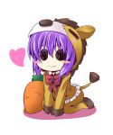  1girl blush_stickers carrot chibi heart horse_costume ichimi nagae_iku purple_hair simple_background smile solid_circle_eyes solo touhou 