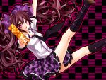  1girl aiming_at_viewer arm_up blouse blush brown_hair cellphone cellphone_camera checkered checkered_background fingernails geta hat himekaidou_hatate hiru0130 kneehighs leaning_back legs_up long_hair looking_at_viewer necktie open_mouth outline phone plaid plaid_skirt red_eyes short_sleeves skirt solo tengu-geta tokin_hat touhou twintails very_long_hair 