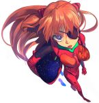  1girl bodysuit evangelion:_3.0_you_can_(not)_redo eyepatch from_above hair_ornament headwear_removed helmet helmet_removed highres long_hair looking_at_viewer neon_genesis_evangelion orange_hair perspective plugsuit rebuild_of_evangelion shikinami_asuka_langley solo souryuu_asuka_langley tongue tongue_out uzubilla 
