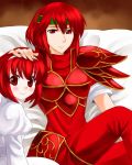  2girls 74 armor blush boots dress fire_emblem fire_emblem:_mystery_of_the_emblem hairband hand_on_another&#039;s_head maria_(fire_emblem) minerva_(fire_emblem) multiple_girls red_armor red_eyes red_legwear redhead short_hair siblings sisters sitting smile spaulders thigh-highs thigh_boots white_dress 