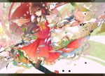  1girl ascot black_legwear bow brown_hair cherry_blossoms detached_sleeves flower hair_bow hair_tubes hakurei_reimu kazu_(muchuukai) letterboxed long_hair long_sleeves petals revision ribbon shirt skirt skirt_set smile solo touhou wide_sleeves yellow_eyes 