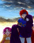  1boy 2girls 74 :d blush cape carrying closed_eyes fa facial_mark fire_emblem fire_emblem:_fuuin_no_tsurugi forehead_mark headband hood hooded_cloak idoun multiple_girls open_mouth pointy_ears princess_carry purple_hair redhead robe roy short_hair smile 