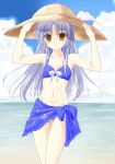 1girl angel_beats! beach bikini blue_hair hat highres long_hair sarong solo souda_shinme swimsuit tachibana_kanade yellow_eyes 