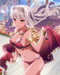  1girl artist_request bikini blush bracelet breasts cleavage earrings headband idolmaster idolmaster_million_live! jewelry long_hair looking_at_viewer navel necklace official_art parted_lips pink_eyes shijou_takane silver_hair solo swimsuit 
