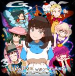 2girls 5boys alice_in_wonderland animal_ears applebrown belt berg_katse black_hair blonde_hair boots bow bra brown_hair cat cigarette crown double_v dress fingerless_gloves gatchaman_crowds gloves green_eyes green_hair hair_bow hair_ornament hat hibiki_joe highres ichinose_hajime long_hair looking_at_viewer multiple_boys multiple_girls ninomiya_rui o.d. paimon popped_collar purple_hair rabbit_ears smile smoking tachibana_sugune top_hat trap underwear utsutsu v violet_eyes watch yellow_eyes