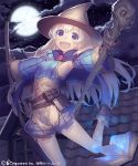  1girl belt_pouch blonde_hair blue_eyes book breasts broom brown_gloves character_request corset detached_sleeves full_moon gloves hat magic_circle mckeee moon multiple_belts night night_sky open_book open_mouth rooftop shingeki_no_bahamut shorts sideboob sky small_breasts smile solo staff star_(sky) starry_sky witch_hat 