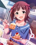  1girl amami_haruka aqua_eyes blush brown_hair cake food idolmaster idolmaster_million_live! looking_at_viewer musical_note official_art open_mouth ribbon short_hair smile solo 