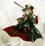  1girl alternate_costume belt blonde_hair blue_eyes bow coat doll full_body grey_background hat kozou_(soumuden) long_hair long_sleeves looking_at_viewer pants shanghai_doll shirt shoes simple_background solo sword touhou weapon white_shirt wide_sleeves wink 