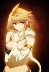  1girl absurdres akame_ga_kill! blonde_hair breasts cleavage detached_sleeves highres large_breasts leone midriff navel scarf short_hair solo tubetop von-cx yellow_eyes 