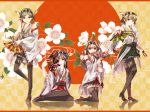  4girls ahoge bare_shoulders black_hair black_legwear boots brown_hair detached_sleeves fan flower folding_fan glasses hairband haruna_(kantai_collection) headgear hiei_(kantai_collection) iroha_(shiki) japanese_clothes kantai_collection kirishima_(kantai_collection) kongou_(kantai_collection) long_hair multiple_girls nontraditional_miko pantyhose personification red_sun reflection ribbon-trimmed_sleeves ribbon_trim short_hair smile thigh_boots thighhighs 