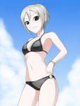  1girl bikini black_eyes idolmaster idolmaster_cinderella_girls pataryouto shiomi_shuuko short_hair silver_hair smile swimsuit 