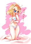  1girl alice_margatroid blonde_hair blue_bra blue_eyes blue_panties blush bow bow_bra bow_panties bra breasts cleavage fifiruu hairband looking_at_viewer navel open_mouth panties short_hair solo touhou translation_request underwear underwear_only 