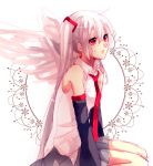  1girl aisusuki albino detached_sleeves hatsune_miku long_hair necktie red_eyes sitting skirt solo twintails very_long_hair vocaloid white_hair wings 