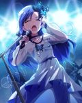  1girl audience blue blue_hair butterfly butterfly_hair_ornament closed_eyes hair_ornament idolmaster idolmaster_million_live! kisaragi_chihaya long_hair microphone microphone_stand musical_note official_art signature singing stage_lights 