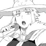  1girl animal_hat cape cat_hat eyebrows hat kuraishi_tanpopo lineart microphone monochrome open_mouth singing slit_pupils solo thick_eyebrows tsukudani_(coke-buta) witch_craft_works 