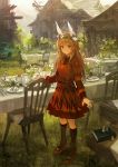  1girl animal_ears antenna_hair braid brown_eyes brown_hair dress highres jewelry kneehighs lm7_(op-center) long_hair necklace original rabbit_ears red_dress red_shoes ring shoes smile solo table tagme 