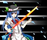  1girl blue_hair hat hinanawi_tenshi long_hair nora_wanko red_eyes shards solo sword touhou very_long_hair weapon 